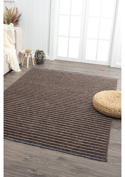 Ares Kahve Krem Halı Yıkanabilir Kaymaz Taban Şönil Kilim Dokuma Pamuk Taban Kilim NV10 50 x 80 cm