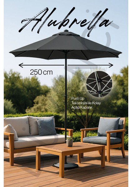 Alubrella Güneş Şemsiyesi Yuvarlak, 250 cm Çaplı, Antrasit Renkli Su Geçirmez Kumaş