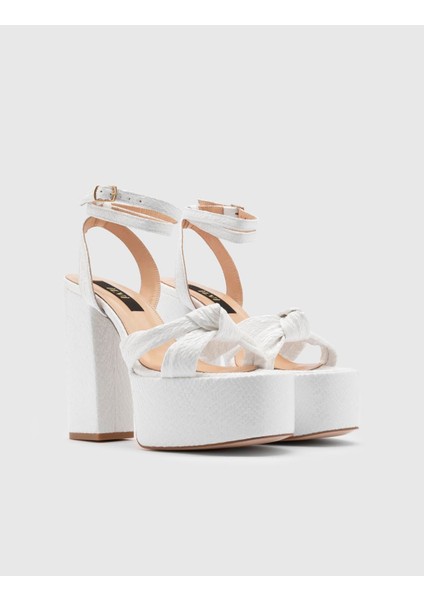 Alcott Hakiki Yılan Baskılı Deri Kadın Beyaz Topuklu sandalet