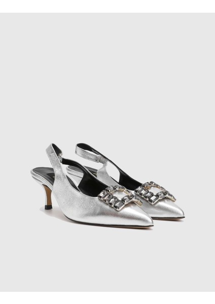 Varela Hakiki Deri Kadın Gümüş Renk Topuklu Sandalet