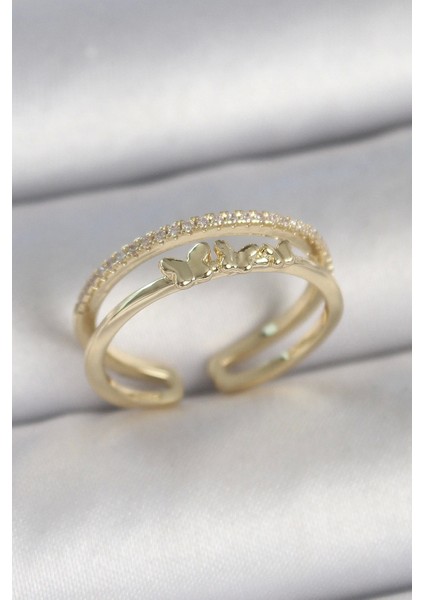 Pirinç Gold Renk 2'li Sıra Zirkon Taş Detaylı Kelebek Figürlü Ayarlanabilir Model Kadın Yüzük