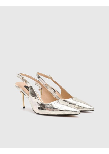 Panya Hakiki Yılan Baskılı Deri Kadın Altın Renk Topuklu Sandalet