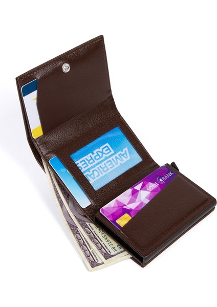 Erkek Mekanizmalı Cüzdan ve Deri Çelik Kasalı Kapaklı Omuz ve El Çantası (15X19CM) TUL293 – Kahverengi