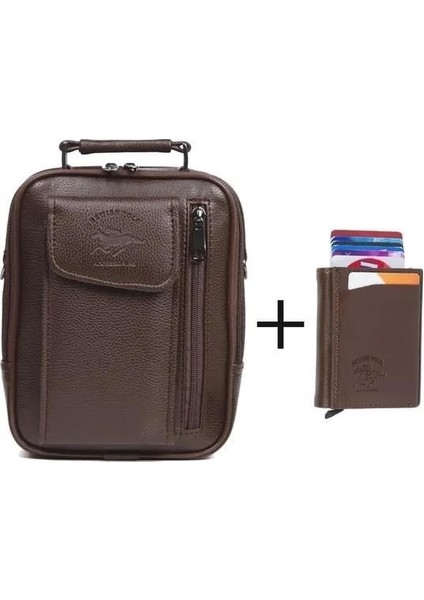 Erkek Mekanizmalı Cüzdan ve Deri Çelik Kasalı Kapaklı Omuz ve El Çantası (17X22CM) TUL513 - Kahverengi