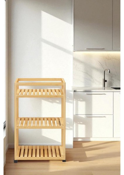 Bambu 3 Raflı Tekerlekli Sunum Servis Arabası Mutfak Rafı Sehpa Banyo Rafı DB-0029