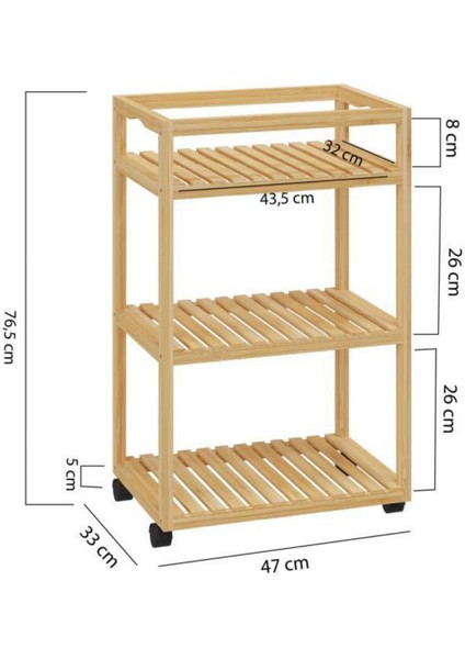 Bambu 3 Raflı Tekerlekli Sunum Servis Arabası Mutfak Rafı Sehpa Banyo Rafı DB-0029