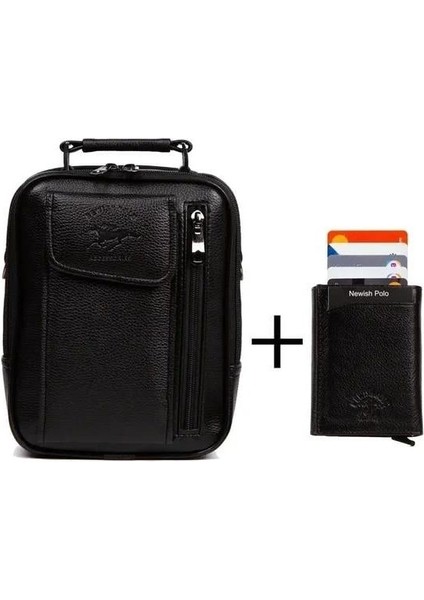 Erkek Mekanizmalı Cüzdan ve Deri Çelik Kasalı Kapaklı Omuz ve El Çantası (17X22CM) TUL513 - Siyah