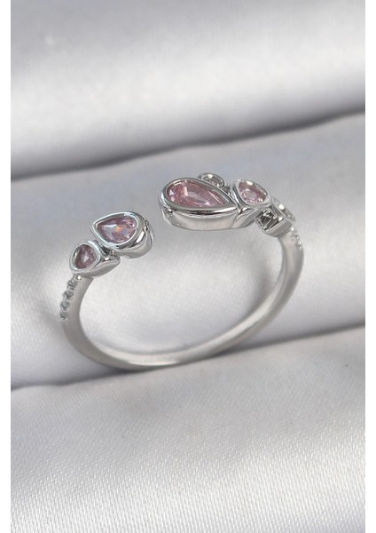 Pirinç Gümüş Renk Pembe Damla Zirkon Taşlı Ayarlanabilir Model Kadın Yüzük