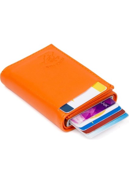 Erkek Rfıd Otomatik Çekim Koruyucu Mekanizmalı Kağıt Para Bölmeli Hediyelik Kartlık Cüzdan TUL605 - Turuncu
