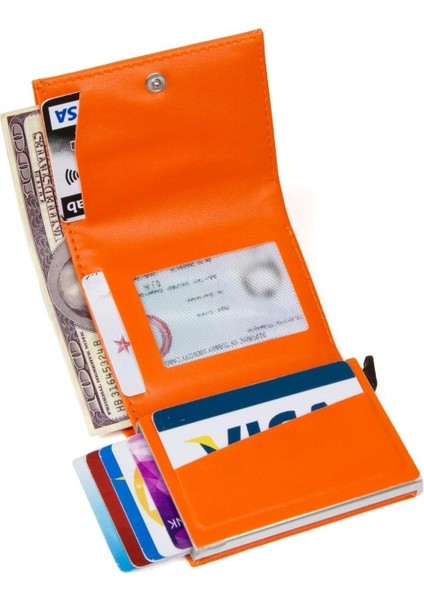 Erkek Rfıd Otomatik Çekim Koruyucu Mekanizmalı Kağıt Para Bölmeli Hediyelik Kartlık Cüzdan TUL605 - Turuncu fiyatları