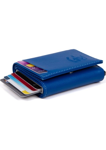Erkek Rfıd Otomatik Çekim Koruyucu Mekanizmalı Kağıt Para Bölmeli Hediyelik Kartlık Cüzdan TUL605 - Mavi