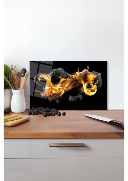 Siyah Gold Soyut Cam Kesme Tahtası, Silikon Ayaklı, Isıya Kırılmaya Dayanıklı, Sunum Kesim Tablası