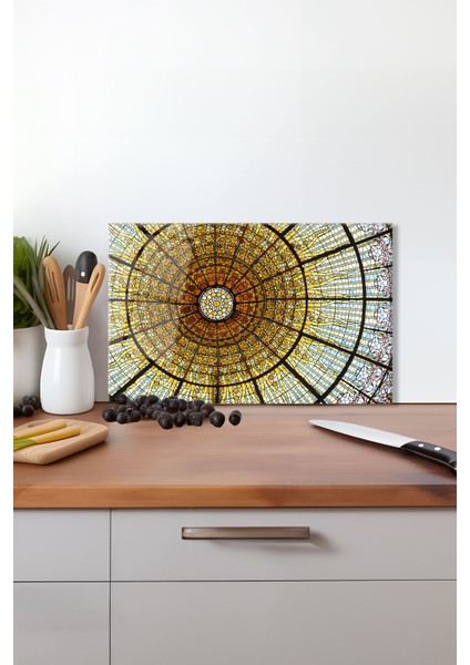 Renkli Soyut Vitray Cam Kesme Tahtası, Silikon Ayaklı, Isıya Kırılmaya Dayanıklı Sunum Kesim Tablası