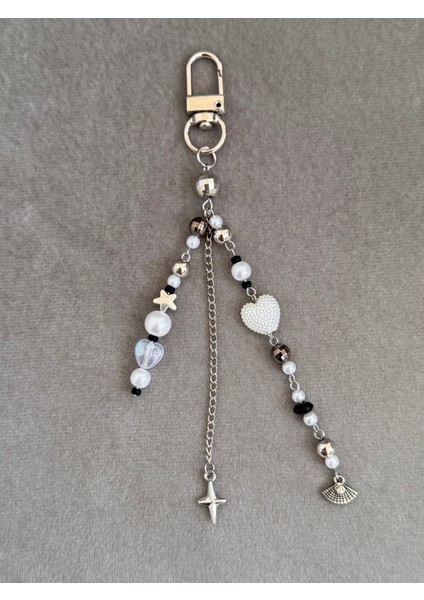 Kalp Yıldızlı Yelpaze Şans Y2K Gümüş Beyaz Çanta Charm Anahtarlık Çanta Süsü