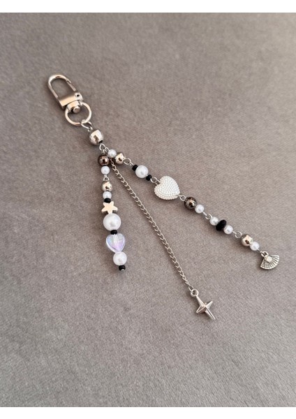 Kalp Yıldızlı Yelpaze Şans Y2K Gümüş Beyaz Çanta Charm Anahtarlık Çanta Süsü modelleri