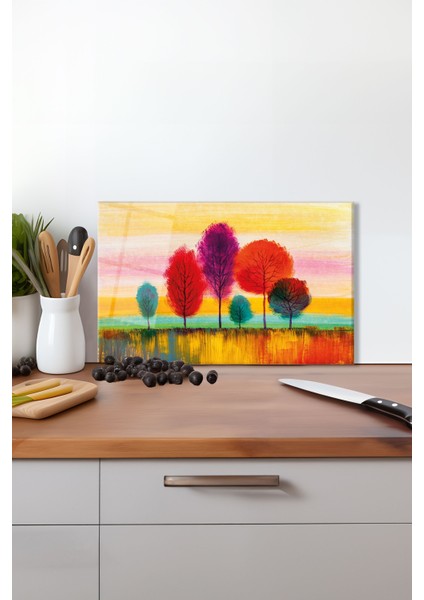 Sonbahar Manzarası Cam Kesme Tahtası, Silikon Ayaklı, Isıya Kırılmaya Dayanıklı, Sunum Kesim Tablası