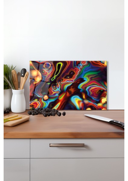 Gökkuşağı Dalga Cam Kesme Tahtası, Silikon Ayaklı, Isıya Kırılmaya Dayanıklı, Sunum Kesim Tablası