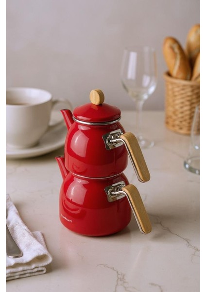 Sultan - Bambu Kulplu Emaye Çaydanlık Takımı Kırmızı indirimleri