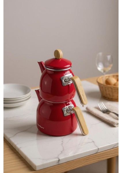 Sultan - Bambu Kulplu Emaye Çaydanlık Takımı Kırmızı