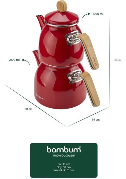Sultan - Bambu Kulplu Emaye Çaydanlık Takımı Kırmızı