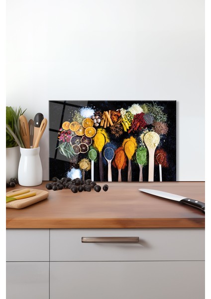 Kaşıklarda Baharatlar Cam Kesme Tahtası, Silikon Ayaklı, Isıya Kırılmaya Dayanıklı, Sunum Tablası