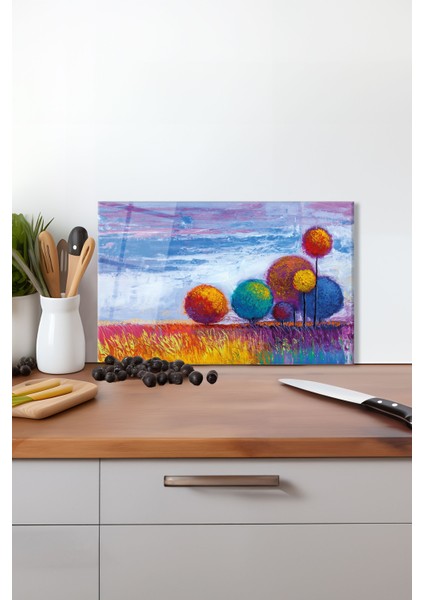 Renkli Ağaç Doğa Cam Kesme Tahtası, Silikon Ayaklı, Isıya Kırılmaya Dayanıklı, Sunum Kesim Tablası