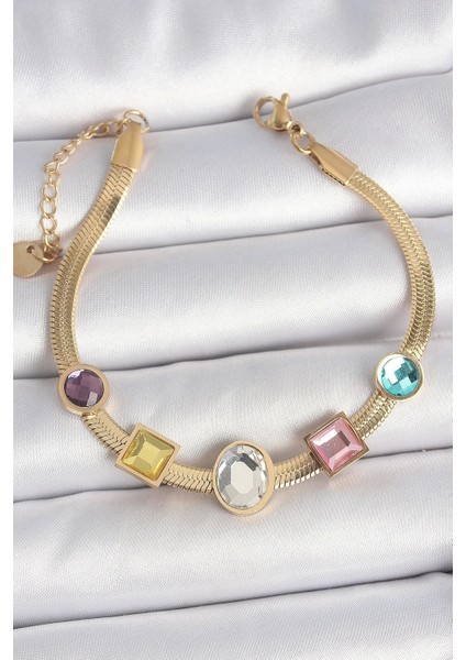 316L Çelik Gold Renk Italyan Zincir Renkli Zirkon Taşlı Kadın Bileklik