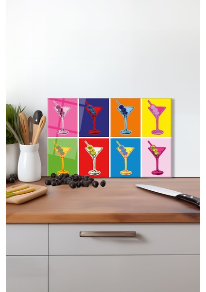 Renkli Martini Kadeh Cam Kesme Tahtası, Silikon Ayaklı Isıya Kırılmaya Dayanıklı Sunum Kesim Tablas