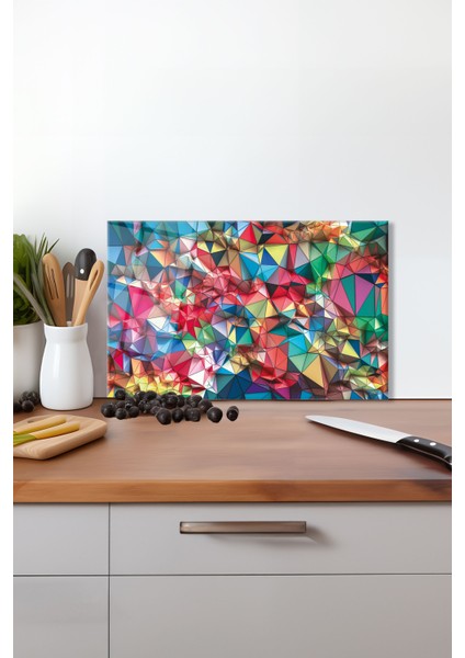 Renkli Üçgenler Cam Kesme Tahtası, Silikon Ayaklı, Isıya Kırılmaya Dayanıklı Sunum Kesim Tablası