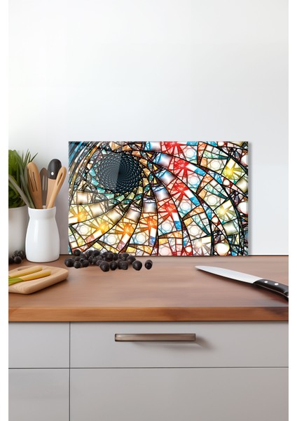 Renkli Vitray Cam Kesme Tahtası, Silikon Ayaklı, Isıya Kırılmaya Dayanıklı, Sunum Kesim Tablası