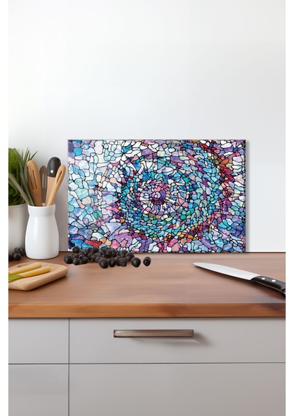 Mor Mavi Mozaik Cam Kesme Tahtası, Silikon Ayaklı, Isıya Kırılmaya Dayanıklı, Sunum Kesim Tablası