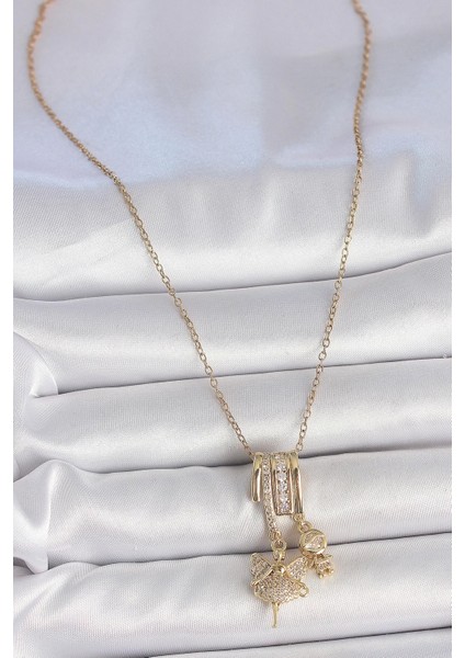 316L Çelik Gold Renk Zirkon Taşlı Sallantı Melek Figür Charm Kadın Kolye fiyatları