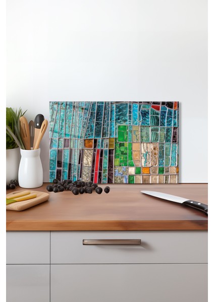 Mavi Mozaik Desen Cam Kesme Tahtası, Silikon Ayaklı, Isıya Kırılmaya Dayanıklı, Sunum Kesim Tablası