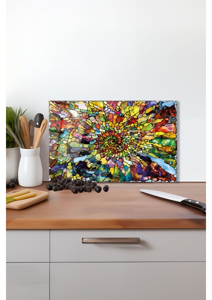 Rengarenk Mozaik Cam Kesme Tahtası, Silikon Ayaklı, Isıya Kırılmaya Dayanıklı, Sunum Kesim Tablası