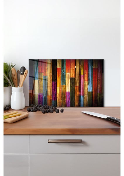 Renkli Boyalı Ahşap Cam Kesme Tahtası, Silikon Ayaklı, Isıya Kırılmaya Dayanıklı Sunum Kesim Tablası