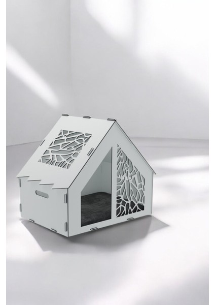 Ahşap Büyük Kedi Yatağı Premium Kalite Beyaz Kedi Evi 50X35 cm Parlak Boyalı Seperatör Model