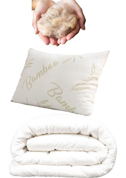 Tek Kişilik Yün Yorgan ve 1500 gr Yün Yastık Serin Tutucu Terletmeyen Uyku Seti Organik Yün