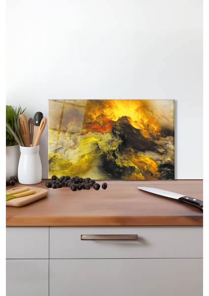 Sarı Soyut Kozmik Cam Kesme Tahtası, Silikon Ayaklı, Isıya Kırılmaya Dayanıklı Sunum Kesim Tablası