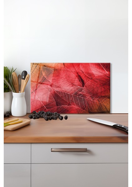 Büyük Kırmızı Yapraklar Cam Kesme Tahtası, Silikon Ayaklı, Isıya Kırılmaya Dayanıklı, Sunum Tablası