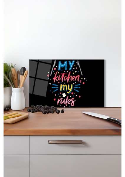 Renkli My Kitchen My Rules Cam Kesme Tahtası , Silikon Ayaklı, Kırılmaya Dayanıklı, Sunum Tablası
