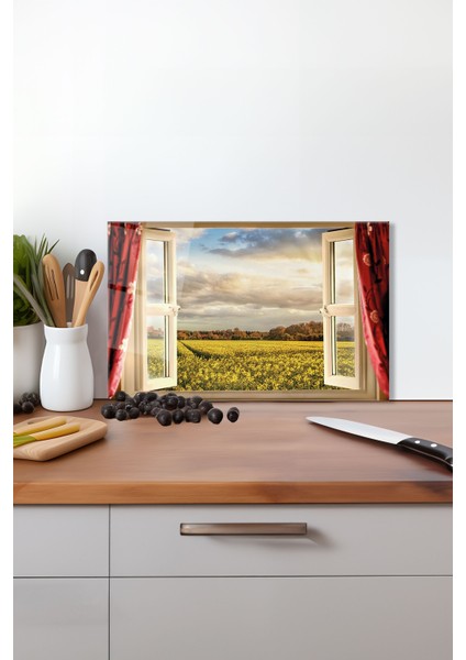 Kırlara Açılan Pencere Cam Kesme Tahtası , Silikon Ayaklı, Kırılmaya Dayanıklı, Sunum Kesim Tablası