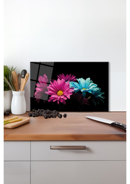 Pembe Mavi Çiçekler Cam Kesme Tahtası, Silikon Ayaklı Isıya Kırılmaya Dayanıklı Sunum Kesim Tablası