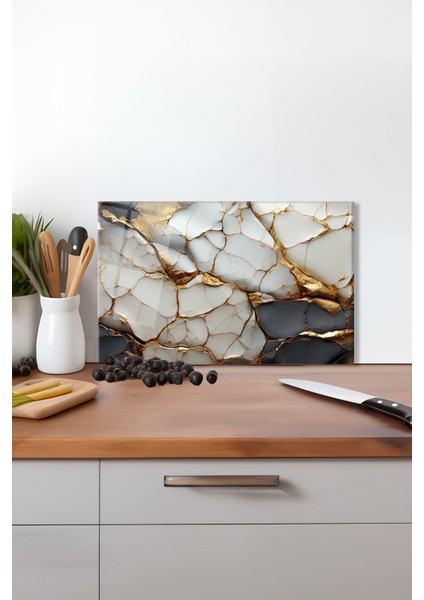 Gold Işıltılı Mermer Desen Cam Kesme Tahtası Silikon Ayaklı Isıya Kırılmaya Dayanıklı Sunum Tablası