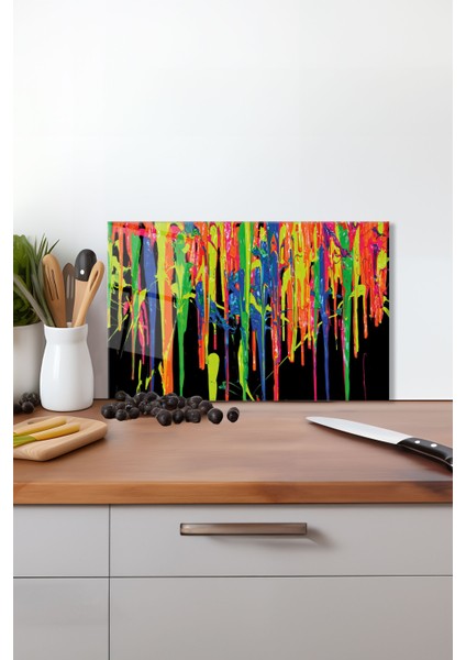 Gökkuşağı Suluboya Cam Kesme Tahtası, Silikon Ayaklı, Isıya Kırılmaya Dayanıklı, Sunum Kesim Tablası