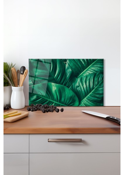 Yeşil Büyük Yapraklar Cam Kesme Tahtası Silikon Ayaklı Isıya Kırılmaya Dayanıklı Sunum Kesme Tablası