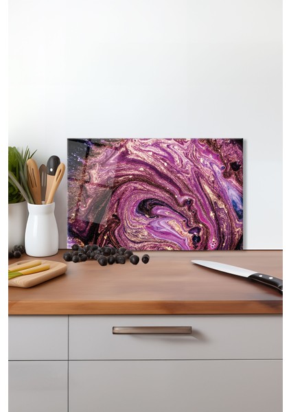 Mor Gold Simli Cam Kesme Tahtası, Silikon Ayaklı, Isıya Kırılmaya Dayanıklı, Sunum Kesim Tablası