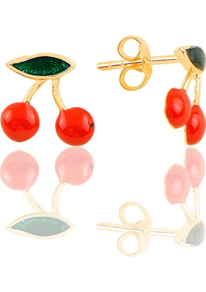 Gümüş Altın Yaldızlı Mineli Kiraz Çocuk Küpesi SGTL12377GOLD