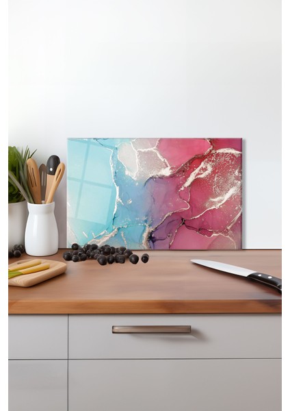 Pembe Mavi Soyut Cam Kesme Tahtası, Silikon Ayaklı, Isıya Kırılmaya Dayanıklı, Sunum Kesim Tablası