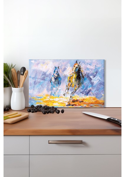 Koşan Atlar Sanatsal Cam Kesme Tahtası, Silikon Ayaklı Isıya Kırılmaya Dayanıklı Sunum Kesim Tablası