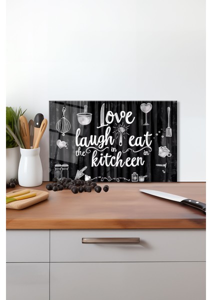 Love Eat Kitchen Cam Kesme Tahtası , Silikon Ayaklı, Isıya Kırılmaya Dayanıklı, Sunum Kesim Tablası